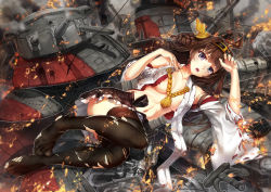 Rule 34 | 10s, 1girl, ahoge, bare shoulders, breasts, brown hair, burnt clothes, censored, convenient censoring, detached sleeves, double bun, feet, glycyrrhizae, hair ornament, hairband, japanese clothes, kantai collection, kongou (kancolle), large breasts, long hair, open clothes, open mouth, personification, purple eyes, solo, thighhighs, toes, torn clothes, turret
