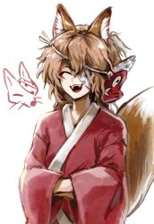 Rule 34 | 1other, ametsukana yago, androgynous, animal ears, animalization, bandage over one eye, brown hair, closed eyes, commentary request, fangs, fox, fox ears, fox tail, hemo (hemoroda), japanese clothes, kemonomimi mode, kimono, len&#039;en, long hair, long sleeves, mask, mask on head, open mouth, red kimono, simple background, smile, tail, white background, wide sleeves