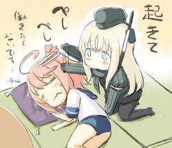 Rule 34 | 10s, 2girls, = =, ahoge, blonde hair, blue eyes, chibi, commentary, engiyoshi, garrison cap, gloves, hair ornament, hat, headpat, i-58 (kancolle), kantai collection, long hair, lying, md5 mismatch, military, military uniform, multiple girls, on side, patting, pillow, pink hair, sailor, short hair, sweat, swimsuit, swimsuit under clothes, translated, u-511 (kancolle), uniform