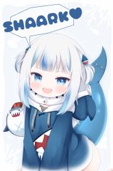 Rule 34 | 1girl, :d, animal costume, animal hood, bloop (gawr gura), blue eyes, blue hair, blue hoodie, blunt bangs, blush, cocozasa, cowboy shot, english text, fins, fish tail, gawr gura, gawr gura (1st costume), hair ornament, highres, hololive, hololive english, hood, hood down, hoodie, leaning forward, long sleeves, looking at viewer, medium hair, multicolored hair, no pants, open mouth, shark costume, shark girl, shark hair ornament, shark hood, shark tail, sharp teeth, silver hair, simple background, smile, solo, speech bubble, streaked hair, tail, teeth, two-tone hair, two side up, upper teeth only, virtual youtuber, white background