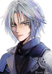 Rule 34 | 1boy, aged down, armor, black jacket, black sweater, chest strap, final fantasy, final fantasy vii, final fantasy vii ever crisis, green eyes, grey hair, hair between eyes, jacket, looking at viewer, maki haruki, male focus, parted bangs, portrait, sephiroth, short hair, shoulder armor, slit pupils, solo, sweater, turtleneck, twitter username, upper body, white background