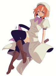 Rule 34 | 1girl, absurdres, adachi imaru, beret, black thighhighs, blue eyes, boots, bow, bowtie, brown footwear, cross-laced footwear, full body, half-closed eyes, hat, hatchet, highres, higurashi no naku koro ni, holding, holding weapon, invisible chair, nata (tool), orange hair, puffy short sleeves, puffy sleeves, purple bow, purple bowtie, purple eyes, ryuuguu rena, short hair, short sleeves, simple background, sitting, smile, solo, thighhighs, weapon, white background, white hat