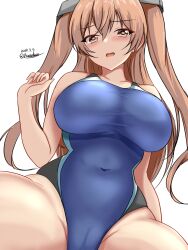 Rule 34 | 1girl, alternate costume, black one-piece swimsuit, blue one-piece swimsuit, blush, breasts, brown eyes, cleavage, competition swimsuit, covered navel, dated, hair between eyes, highleg, highleg swimsuit, highres, impossible clothes, impossible swimsuit, johnston (kancolle), kantai collection, large breasts, light brown hair, long hair, looking at viewer, montemasa, multicolored clothes, multicolored swimsuit, one-hour drawing challenge, one-piece swimsuit, open mouth, simple background, sitting, smile, solo, swimsuit, twitter username, two-tone swimsuit, two side up, white background