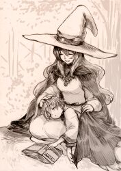 Rule 34 | 1boy, 1girl, aged down, book, breasts, cape, child, closed eyes, facing another, greyscale, hand on another&#039;s head, hat, highres, kashiwa hisui, long sleeves, miracera master of the magic institute, monochrome, open book, ourn the inventor, outdoors, pixiv fantasia, pixiv fantasia last saga, sleeping, small breasts, witch hat