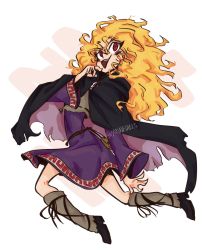 Rule 34 | :d, black cloak, blonde hair, boots, cannedels, cloak, finger to own chin, harvest moon, highres, laughing, long hair, messy hair, open mouth, red eyes, smile, witch, witch-sama (bokujou monogatari)