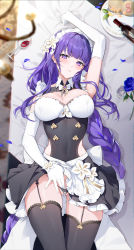 Rule 34 | 1girl, absurdres, alternate costume, black panties, blue flower, blue rose, blunt bangs, blurry, blush, bottle, braid, breasts, chandelier, clothes lift, covered navel, cup, depth of field, dress, drinking glass, elbow gloves, flower, frilled dress, frills, from above, garter straps, genshin impact, gloves, hand in panties, highres, houkisei, large breasts, long hair, low-braided long hair, low-tied long hair, lying, maid headdress, mole, mole under eye, on back, on table, panties, parted lips, petals, plate, purple eyes, purple hair, raiden shogun, rose, rose petals, skirt, skirt lift, solo, table, tablecloth, thighhighs, underwear, very long hair, waist cutout, white flower, white rose, wine bottle, wine glass