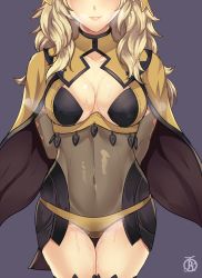 Rule 34 | 1girl, arms behind back, breast cutout, breasts, bridal gauntlets, cape, circlet, covered navel, fire emblem, fire emblem fates, highres, medium breasts, nintendo, ophelia (fire emblem), pov, pussy juice, revolverwing, smile, solo, sweat, thighhighs, turtleneck, upper body