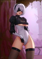 Rule 34 | 1girl, black blindfold, black gloves, black hairband, black thighhighs, blindfold, breasts, cleavage cutout, clothing cutout, commentary, covered eyes, cowboy shot, deilan12, english commentary, facing viewer, feather-trimmed sleeves, gloves, gluteal fold, hairband, highleg, highleg leotard, highres, juliet sleeves, leotard, long sleeves, medium breasts, mole, mole under mouth, nier:automata, nier (series), outdoors, puffy sleeves, short hair, signature, silver hair, smile, solo, thighhighs, tree, watermark, web address, white leotard, 2b (nier:automata)