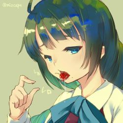 Rule 34 | 10s, 1girl, ahoge, blue eyes, cherry, chig (mizusaki), food, fruit, green hair, kantai collection, long hair, mole, mole under mouth, simple background, solo, tongue, twitter username, upper body, yuugumo (kancolle)
