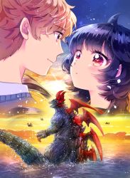 Rule 34 | 1boy, 1girl, aircraft, akaishi kuroe, black hair, brown eyes, brown hair, cover, cover image, cover page, hair horns, harugon, helicopter, kaijuu, looking at another, manga cover, minami arata, naki ringo, official art, open mouth, otome kaijuu carameliser, red eyes, textless version, water