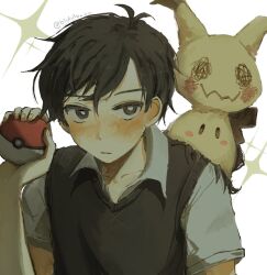 Rule 34 | 1boy, antenna hair, arm at side, black eyes, black hair, black sweater vest, bright pupils, closed mouth, collarbone, collared shirt, commentary, creatures (company), crossed bangs, crossover, english commentary, fingernails, game freak, gen 7 pokemon, hair behind ear, hair between eyes, hand up, highres, holding, holding poke ball, looking at viewer, lulu (blululu), mimikyu, nintendo, omori, on shoulder, poke ball, poke ball (basic), pokemon, pokemon (creature), pokemon on shoulder, shirt, short hair, short sleeves, simple background, sparkle, sunny (omori), sweater vest, twitter username, upper body, white background, white pupils, white shirt