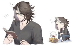 Rule 34 | 1boy, arknights, bespectacled, birb b304, black hair, black shirt, blush, book, casual, character request, check copyright, chibi, chibi inset, copyright request, facial hair, glasses, goatee, green eyes, highres, holding, holding book, male focus, mature male, medium hair, multicolored hair, open book, reading, shirt, sleepy, snowball, totter (arknights), two-tone hair