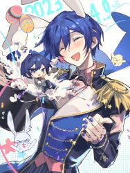 Rule 34 | &gt; &lt;, 25-ji kaito, 25-ji nightcord de. (project sekai), 2boys, :d, animal ears, bird, blue eyes, blue hair, blue nails, chick, closed eyes, collared shirt, commentary, confetti, crossed arms, crossed legs, dark blue hair, dated, double-parted bangs, easter egg, egg, epaulettes, fingernails, glasses, highres, jewelry, kaito (vocaloid), kazemi arashi, long sleeves, male focus, multiple boys, necklace, open mouth, project sekai, rabbit, rabbit boy, rabbit ears, ring, ring necklace, shirt, short hair, smile, upper body, vocaloid, wonderlands x showtime (project sekai), wonderlands x showtime kaito