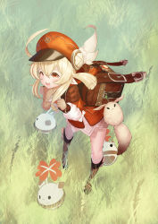 Rule 34 | 1girl, ahoge, backpack, bag, blush, boots, dress, ehddus, feathers, full body, genshin impact, grass, grasslands, hair between eyes, hat, hat feather, highres, klee (genshin impact), knee boots, long hair, long sleeves, looking at viewer, low twintails, open mouth, pointy ears, red dress, red eyes, red hat, smile, solo, twintails, white feathers, white legwear