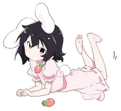 Rule 34 | 1girl, animal ears, barefoot, black hair, carrot necklace, commentary request, dress, floppy ears, frilled sleeves, frills, full body, inaba tewi, jewelry, kt kkz, looking at viewer, lying, necklace, on stomach, pink dress, puffy short sleeves, puffy sleeves, rabbit ears, rabbit girl, rabbit tail, red eyes, ribbon-trimmed dress, short hair, short sleeves, simple background, solo, tail, the pose, touhou, white background