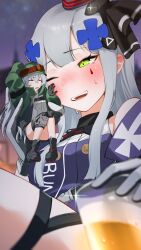 Rule 34 | 2girls, alcohol, beer, black footwear, blush, blush stickers, boots, brown eyes, commission, cup, drinking glass, drunk, ert raitsui, g11 (girls&#039; frontline), g11 (mod3) (girls&#039; frontline), giant, giantess, girls&#039; frontline, green eyes, green jacket, grey hair, hair ornament, hat, highres, hk416 (girls&#039; frontline), hk416 (mod3) (girls&#039; frontline), holding, holding cup, jacket, long hair, multiple girls, one eye closed, open clothes, open jacket, open mouth, second-party source, size difference, skeb commission, smile, sweat, teardrop facial mark