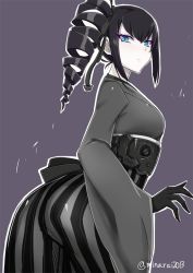 Rule 34 | 10s, 1girl, abyssal ship, anchor, ancient destroyer oni, ass, bad id, bad twitter id, black hair, blue eyes, drill hair, gloves, greyscale, hakama, hakama skirt, japanese clothes, kantai collection, kimono, long hair, long sleeves, looking at viewer, looking back, minarai, monochrome, purple background, side ponytail, simple background, skirt, solo, striped clothes, striped skirt, twitter username, vertical-striped clothes, vertical-striped skirt, wide sleeves
