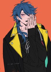 Rule 34 | 1boy, absurdres, argentum 1121, arisugawa dice, black jacket, black shirt, blush, hand on own face, highres, hypnosis mic, jacket, long sleeves, looking to the side, male focus, open mouth, orange background, purple eyes, purple hair, shirt, solo