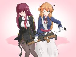 Rule 34 | 2girls, arm support, blush, breasts, brown hair, bullpup, cleaning gun, closed mouth, dress, flying sweatdrops, girls&#039; frontline, gloves, green eyes, gun, hadoukirby, hair between eyes, hands on own face, holding, holding weapon, long hair, multiple girls, musical note, necktie, nose blush, pantyhose, purple hair, rifle, sexually suggestive, smile, sniper rifle, springfield (girls&#039; frontline), thought bubble, wa2000 (girls&#039; frontline), walther, walther wa 2000, weapon