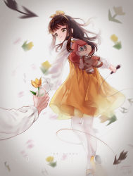 Rule 34 | 1girl, absurdres, artist name, bow, brown eyes, brown hair, copyright name, crying, crying with eyes open, dated, devotion, doll, dress, du meishin, flower, hair bow, highres, holding, holding hands, holding microphone, long hair, long sleeves, microphone, pajuju, pantyhose, pinafore dress, shirt, sleeveless, sleeveless dress, standing, tears, white background, white pantyhose, white shirt, yellow bow, yellow dress, yellow flower