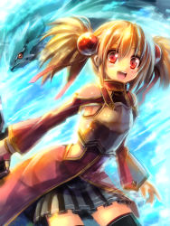 Rule 34 | 10s, 1girl, armor, armored dress, blonde hair, breastplate, brown hair, edobox, familiar, hair ornament, open mouth, pina (sao), pleated skirt, red eyes, short hair, short twintails, silica, skirt, smile, solo, sword art online, thighhighs, twintails, zettai ryouiki