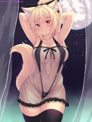 Rule 34 | 1girl, animal ear fluff, animal ears, armpits, arms behind head, arms up, bare shoulders, black bow, black thighhighs, blonde hair, blush, bow, breasts, cat ears, cat girl, cat tail, cleavage, closed mouth, collarbone, commentary, curtains, english commentary, fang, fang out, frills, full moon, gluteal fold, groin, hair between eyes, hair bow, head tilt, high ponytail, highres, large breasts, looking at viewer, moon, navel, night, night sky, nottytiffy, original, ponytail, red eyes, see-through, sky, slit pupils, smile, solo, star (sky), starry sky, tail, tail raised, thigh gap, thighhighs, tiffy (nottytiffy), transparent, watermark, web address