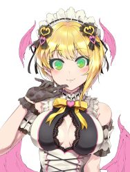 Rule 34 | 1girl, :3, absurdres, arm garter, asymmetrical hair, black gloves, blonde hair, breasts, cleavage cutout, clothing cutout, commentary request, dress, frilled shirt collar, frills, gloves, green eyes, highres, idolmaster, idolmaster cinderella girls, lace, lace gloves, large breasts, looking at viewer, miyamoto frederica, paopao, shirt, short hair, sleeveless, sleeveless dress, sleeveless shirt, solo, upper body, white background
