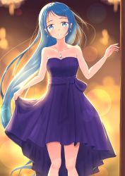 Rule 34 | 1girl, alternate costume, aomi one, backlighting, bare arms, bare shoulders, blue eyes, blue hair, blurry, blurry background, blush, breasts, collarbone, commentary request, diffraction spikes, dress, earrings, floating hair, highres, jewelry, kantai collection, long hair, looking at viewer, necklace, purple dress, samidare (kancolle), sidelocks, skirt hold, sleeveless, sleeveless dress, small breasts, smile, solo, strapless, strapless dress, swept bangs, very long hair