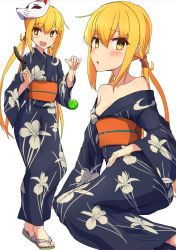 Rule 34 | 1girl, :o, alternate costume, blue kimono, blush, breasts, chocolate banana, comala (komma la), floral print, food, fox mask, highres, holding, japanese clothes, kantai collection, kimono, long hair, low twintails, mask, mask on head, multiple views, obi, open mouth, sandals, sash, satsuki (kancolle), sidelocks, simple background, small breasts, twintails, water balloon, white background, wide sleeves, yellow eyes, yukata, zouri