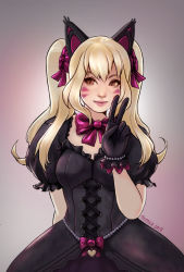 Rule 34 | 1girl, alternate costume, animal ears, arm behind back, bead bracelet, beads, black cat d.va, black dress, black gloves, blonde hair, bow, bowtie, bracelet, breasts, brown eyes, cat ears, cleavage, commentary, corset, d.va (overwatch), dated, dress, facepaint, facial mark, gloves, gradient background, grey background, hair bow, highres, jewelry, kate marx, lips, lolita fashion, looking at viewer, medium breasts, medium hair, nose, overwatch, overwatch 1, pink background, pink bow, pink lips, puffy short sleeves, puffy sleeves, short sleeves, signature, solo, twintails, upper body, v, whisker markings