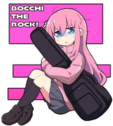 Rule 34 | 1girl, black socks, bocchi the rock!, brown footwear, copyright name, dokuta, full body, gotoh hitori, grey skirt, guitar case, hair between eyes, highres, instrument case, jacket, kneehighs, light blush, loafers, long hair, long sleeves, looking at viewer, hugging object, parted lips, pink hair, pink jacket, shoes, simple background, skirt, socks, solo, sweat, track jacket