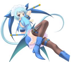 Rule 34 | 1girl, blue eyes, blue footwear, blue hair, boots, fishnet thighhighs, fishnets, high heel boots, high heels, highres, kunai, long hair, maid headdress, matching hair/eyes, panties, pantyshot, pointy footwear, prism magical, shoes, solo, striped clothes, striped panties, tanihara natsuki, thigh strap, thighhighs, transparent background, underwear, very long hair, wachi yuri, weapon