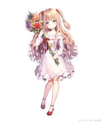 Rule 34 | 1girl, artist name, bad id, bad pixiv id, bare shoulders, blunt bangs, bouquet, brown hair, closed mouth, collarbone, commentary request, dress, floral print, flower, full body, hair bobbles, hair ornament, head tilt, holding, holding flower, long hair, long sleeves, looking at viewer, off-shoulder dress, off shoulder, orange flower, original, print dress, purple eyes, purple flower, red flower, red footwear, red ribbon, ribbon, roang, shoes, short dress, simple background, smile, solo, standing, two side up, wavy hair, white background, white dress