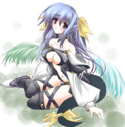 Rule 34 | 1girl, arc system works, asymmetrical wings, blue hair, blush, breasts, choker, cleavage, dizzy (guilty gear), guilty gear, guilty gear x, guilty gear xx, large breasts, nt50, ribbon, solo, tail, tail ornament, tail ribbon, thighhighs, wings