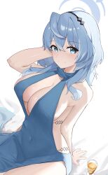 1girl absurdres ako_(blue_archive) ako_(dress)_(blue_archive) backless_dress backless_outfit blue_archive blue_dress blue_eyes blue_hair breasts cleavage cleavage_cutout clothing_cutout cocktail_glass covered_navel cup dress drinking_glass halo happy05x highres large_breasts looking_at_viewer on_bed sitting smile solo thighs