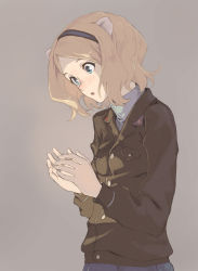 Rule 34 | 1girl, :o, aleksandra i. pokryshkin, animal ears, blonde hair, blue eyes, brave witches, breast pocket, breasts, brown shirt, buttons, curly hair, grey background, hairband, hands up, highres, light blush, long sleeves, looking down, medium hair, own hands together, parted bangs, parted lips, pocket, purple hairband, shiratama (hockey), shirt, simple background, small breasts, solo, upper body, world witches series