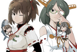 Rule 34 | &gt; &lt;, ..., 4girls, arms up, black hair, brown hair, chagen kokimu, closed mouth, dated, detached sleeves, fish, flying sweatdrops, glasses, green-framed eyewear, grey hair, hair ornament, hair ribbon, hairclip, haruna (kancolle), headgear, hyuuga (kancolle), ise (kancolle), japanese clothes, kantai collection, kirishima (kancolle), long hair, mini person, minigirl, multiple girls, nontraditional miko, one eye closed, opaque glasses, open mouth, partially opaque glasses, ponytail, ribbon, ribbon-trimmed sleeves, ribbon trim, short hair, simple background, spoken ellipsis, undershirt, upper body, white background, wide sleeves