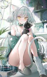 1girl :3 animal animal_ear_fluff animal_ears aqua_hair black_cat black_footwear bra breasts cardigan cat cat_ears cat_girl cat_tail cleavage collar commentary green_cardigan green_collar grey_bra hair_ornament hairclip highres kawachi_rin long_hair medium_breasts open_cardigan open_clothes original single_sock slippers socks solo symbol-only_commentary tail two_side_up underwear white_socks yellow_eyes