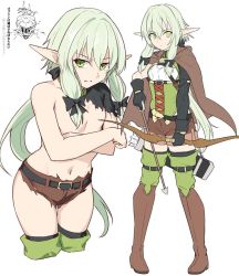 Rule 34 | 10s, 1boy, 1girl, armor, arrow (projectile), asymmetrical sleeves, black bow, black gloves, boots, bow, bow (weapon), cloak, cropped legs, crossed arms, elf, flat chest, full body, gloves, goblin slayer, goblin slayer!, green eyes, green hair, hair bow, hair over one breast, half-closed eyes, helmet, high elf archer (goblin slayer!), holding, holding weapon, hood, hooded cloak, leaning forward, long hair, low ponytail, navel, parted lips, pointy ears, shiseki hirame, short shorts, shorts, sidelocks, simple background, solo focus, text focus, thigh boots, thighhighs, topless, torn clothes, torn shorts, translation request, uneven sleeves, weapon, white background