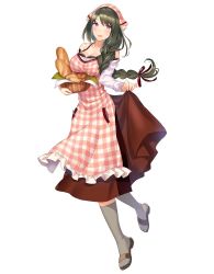 Rule 34 | 1girl, amano yumi, apron, bandana, bare shoulders, blush, bow, braid, bread, breasts, brown hair, cleavage, food, full body, green hair, large breasts, long hair, looking at viewer, official art, omega labyrinth, omega labyrinth z, open mouth, plaid, plaid apron, purple eyes, sandals, simple background, smile, socks, solo, tousaki umiko, white background