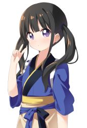 Rule 34 | 1girl, :/, black hair, blunt bangs, blush, bright pupils, closed mouth, dot nose, hand up, haru (konomi 150), highres, inoue takina, japanese clothes, long hair, looking at viewer, lycoris recoil, obi, purple eyes, sash, sidelocks, simple background, sleeves past elbows, solo, twintails, upper body, v, white background