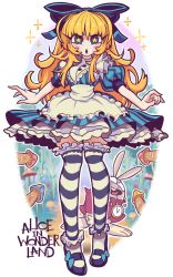Rule 34 | 1girl, alice (alice in wonderland), alice in wonderland, apron, blonde hair, blue eyes, blue thighhighs, blush stickers, bow, dress, frilled dress, frilled thighhighs, frills, gashi-gashi, hair bow, highres, long hair, long legs, mushroom, over-kneehighs, puffy short sleeves, puffy sleeves, sexually suggestive, short sleeves, solo, sparkle, star-shaped pupils, star (symbol), striped clothes, striped thighhighs, symbol-shaped pupils, thighhighs, waist apron, white rabbit (alice in wonderland)