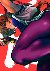 Rule 34 | 1girl, absurdres, akikou sunlight, breasts, brown eyes, brown hair, commentary request, dougi, fingerless gloves, gloves, headband, highres, legs, looking at viewer, ryuuko no ken, short hair, simple background, smile, snk, solo, spandex, the king of fighters, the king of fighters xiv, thighs, yuri sakazaki