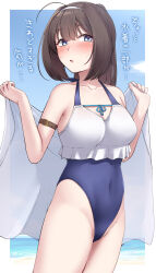 Rule 34 | 1girl, absurdres, ahoge, akizuki (kancolle), bare arms, bare legs, bare shoulders, black hair, blue eyes, blue one-piece swimsuit, blush, collarbone, cowboy shot, groin, highres, kantai collection, kiritto, one-piece swimsuit, parted lips, ponytail, short hair, solo, swimsuit