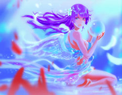 Rule 34 | 1girl, bakemonogatari, barefoot, blue eyes, blurry, blurry background, blurry foreground, breasts, bubble, commentary request, depth of field, eyelashes, flower, hair flower, hair ornament, highres, holding, holding bubble, lips, liquid clothes, long hair, medium breasts, monogatari (series), parted lips, purple hair, rapa rachi, senjougahara hitagi, shadow, sideboob, sidelocks, sitting, soles, solo, thighs, underwater, underwear, underwear only, wariza, wings