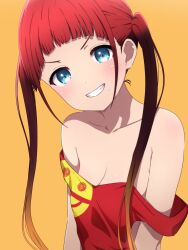 Rule 34 | 1girl, anime coloring, asukagawa chise, black hair, blue eyes, blunt bangs, blush, breasts, clenched teeth, collarbone, gridman universe, head tilt, highres, looking at viewer, medium breasts, mole, mole under mouth, multicolored hair, noshimurin, off shoulder, orange background, orange hair, red hair, red shirt, shirt, smile, solo, ssss.dynazenon, teeth, twintails, upper body