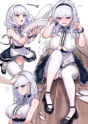 Rule 34 | 1girl, anchor choker, anchor necklace, apron, azur lane, bare shoulders, black hairband, breasts, center frills, choker, clothing cutout, crying, crying with eyes open, dido (azur lane), dishes, dress, earrings, falling, fork, frilled apron, frilled choker, frills, gu luco, hairband, hand on another&#039;s head, headpat, heart, heart earrings, high heels, highres, jewelry, lace-trimmed hairband, lace trim, large breasts, long hair, maid, maid apron, necklace, outstretched hand, panties, plate, red eyes, shirt, sideboob, silver hair, sitting, sleeveless, sleeveless shirt, tears, thighhighs, underboob, underboob cutout, underwear, waist apron, white apron, white panties, white thighhighs, wooden floor, wrist cuffs