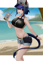 Rule 34 | 1girl, absurdres, arknights, baseball cap, bikini, black bikini, blue hair, blurry, breasts, bubble tea, bubble tea challenge, ch&#039;en (arknights), ch'en (arknights), cup, depth of field, disposable cup, dragon horns, dragon tail, drinking straw, elysion (16869144), fang, female tourist c (arknights), grey shorts, hat, highleg, highleg bikini, highres, holding, holding cup, horns, horns through headwear, large breasts, looking at viewer, navel, official alternate costume, open fly, red eyes, shorts, skin fang, solo, swimsuit, tail