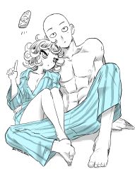 Rule 34 | 1boy, 1girl, abs, arm support, bald, bare legs, bare shoulders, barefoot, breasts, chip-tooth, collarbone, commentary, controller, couple, curly hair, english commentary, eyelashes, feet, full body, hand up, head tilt, heads together, hetero, highres, hug, index finger raised, knee up, light blush, looking up, medium hair, monochrome, muscular, muscular male, nipples, one-punch man, pajamas, pants, parted lips, remote control, saitama (one-punch man), shirt, short eyebrows, signature, simple background, sitting, small breasts, striped clothes, striped pajamas, striped pants, striped shirt, tatsumaki, telekinesis, thighs, toes, upturned eyes, v-shaped eyebrows, vertical-striped clothes, vertical-striped pants, vertical-striped shirt, white background