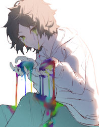 Rule 34 | 1boy, alternate body fluid, amou tsukihiko, backlighting, black hair, brown hair, colored tears, crying, crying with eyes open, cupping hands, green eyes, hood, hood down, hoodie, liquid, long sleeves, male focus, mirin chikuwa, own hands together, pants, simple background, sitting, solo, tears, white background, world trigger